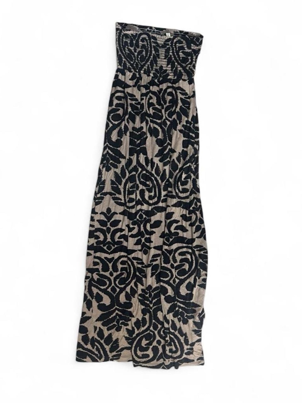 DNA couture Strapless Black and Beige Floral-Scroll Maxi Dress